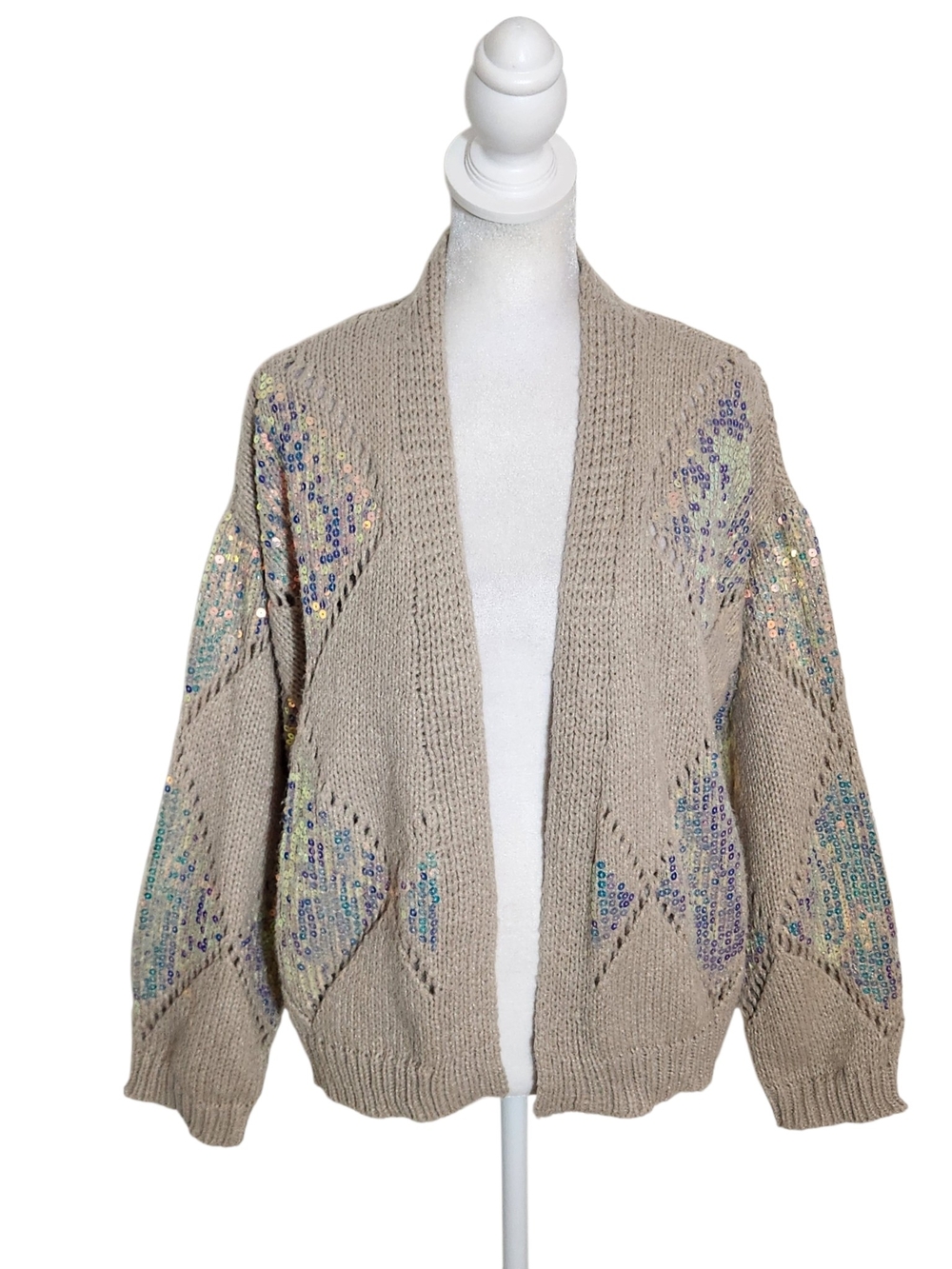 Cato Khaki Argyle Sequin Cardigan Sweater Size 14/16W